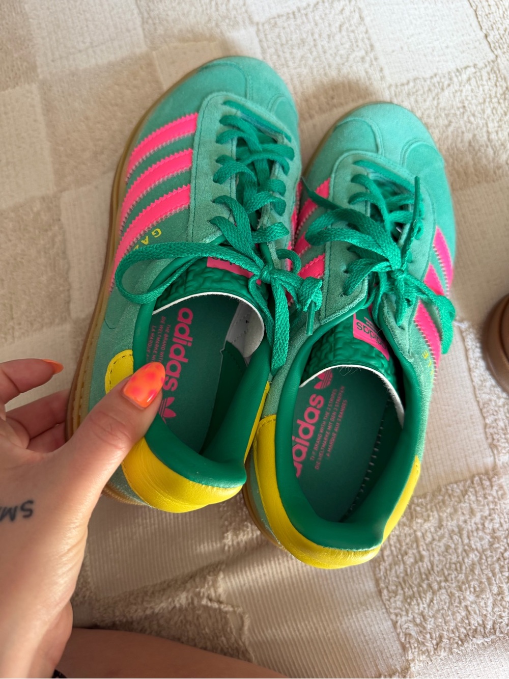 adidas Women’s Teal Suede Sneakers with Pink Three Stripes and Yellow Heel - Picture 4 of 7
